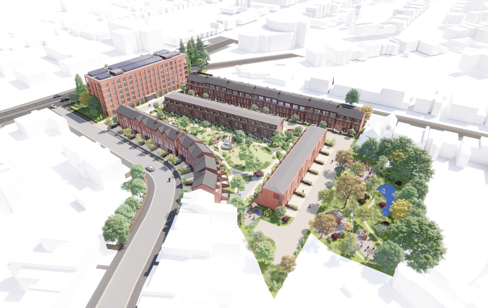 CGI aerial view of a series of buildings surrounded by green space