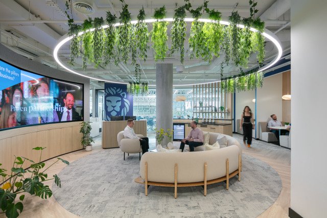 A room with a large tv screen on the left, a sofa in the middle and greenery hanging from the ceiling