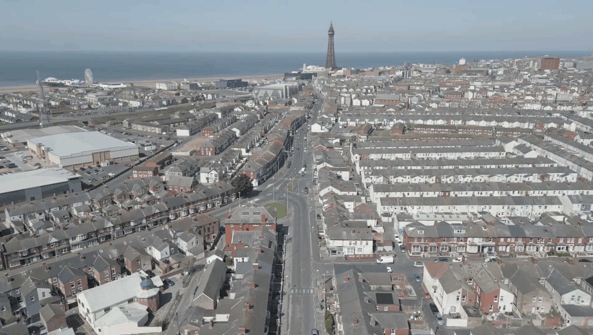 Aerial image of central Blackpool with Blackpool Tower and the sea in the distance