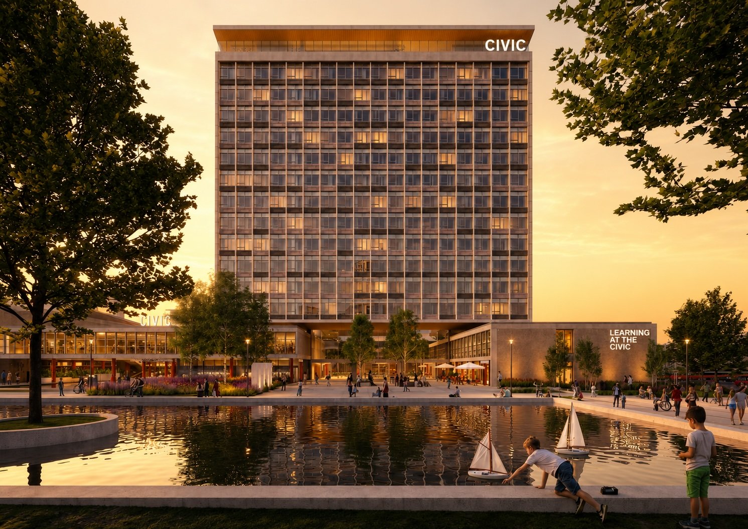 CGI of a tall building at dusk with water in front and the word Civic displayed on the top of the building