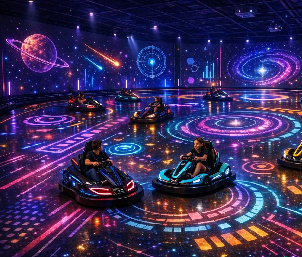 interior of a room with lots of neon lights with children racing in bumper cars