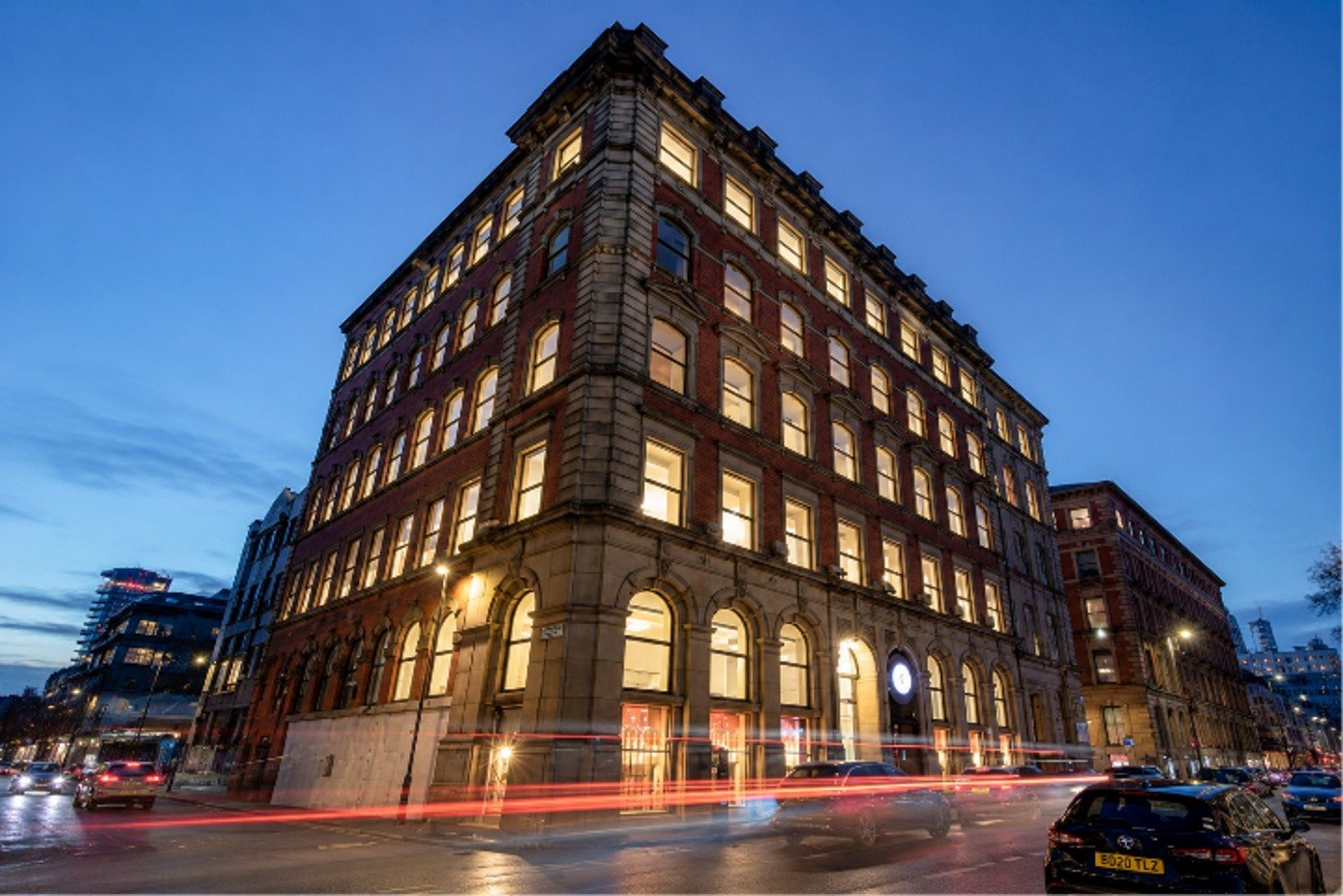 Exterior of an historic listed building at dusk