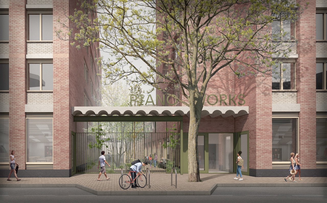 CGI of the lower floors of a red brick built building that features a Piano Works sign