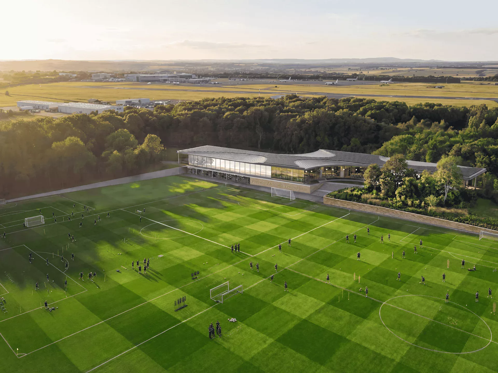 CGI aerial view of a football pitch and training complex