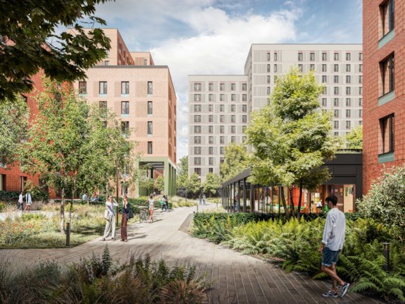 CGI of a series of buildings with green space and planting