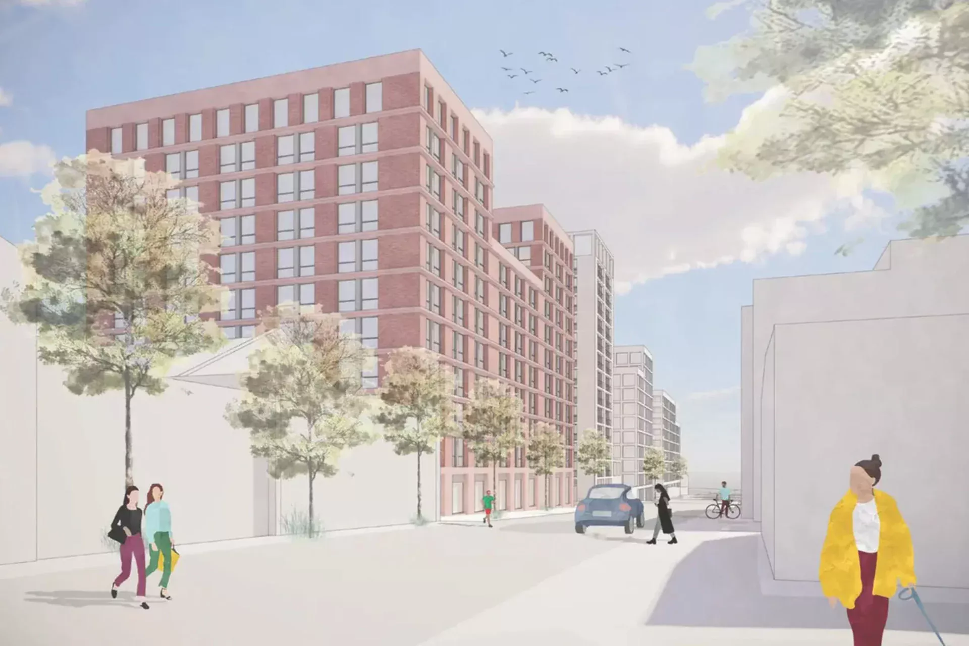 CGI image of a row of buildings with people walking on nearby streets