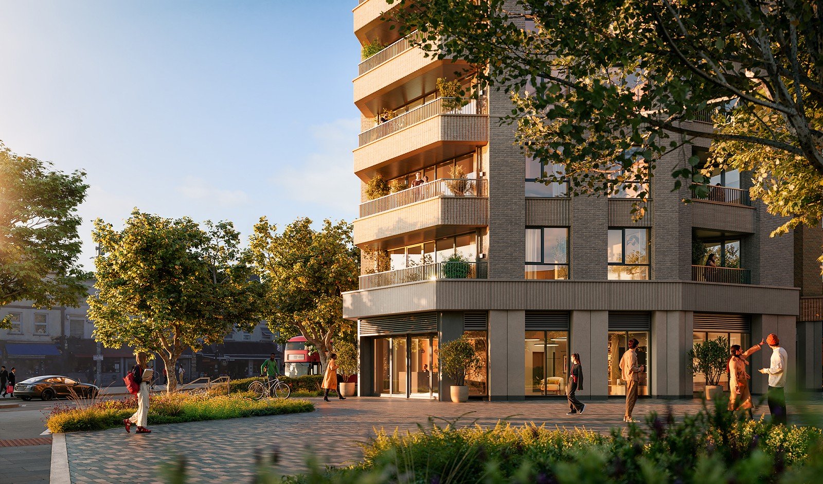 CGI of a tall building with a pathway and green space in front