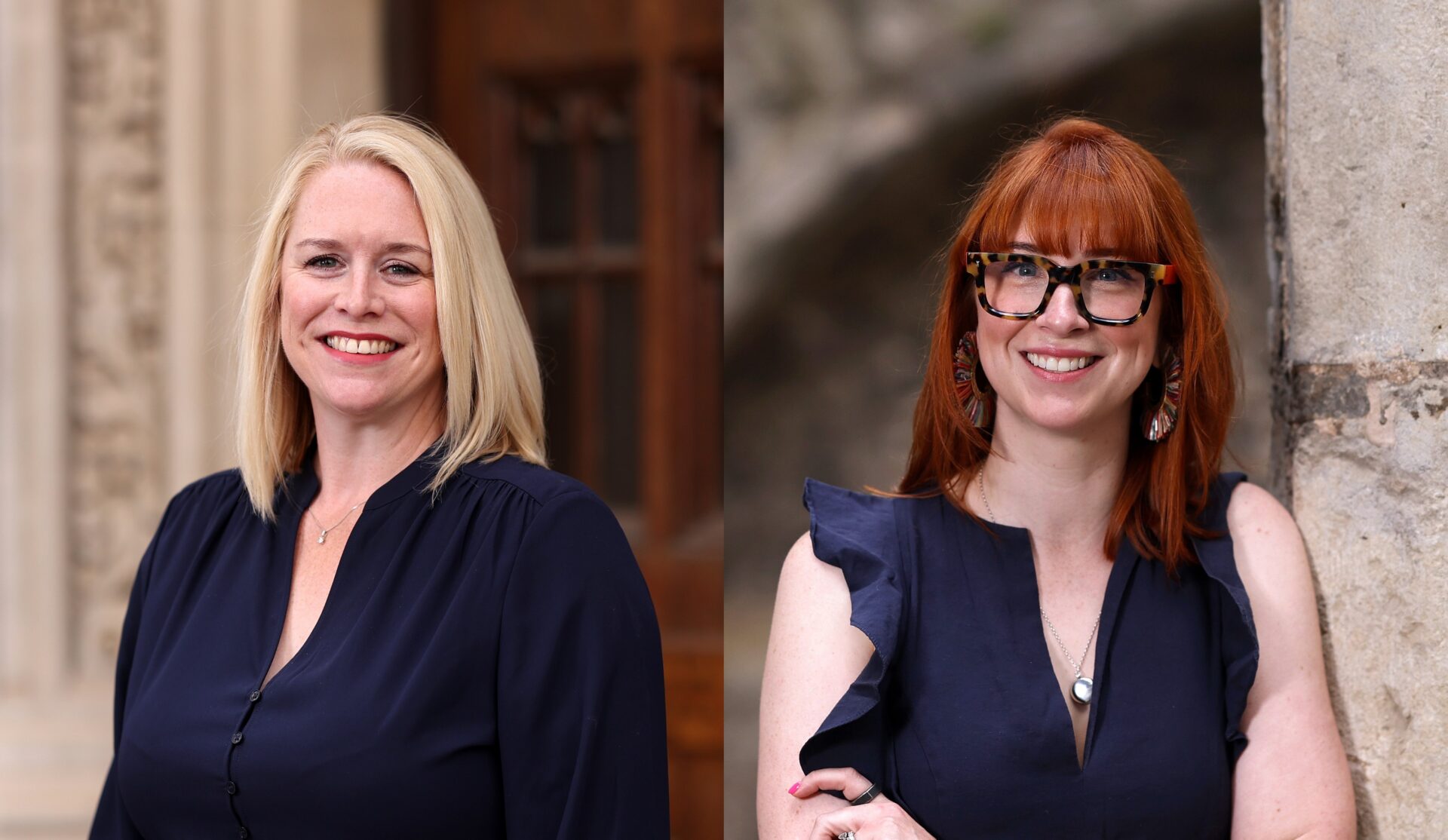 Two women next to one another - one with blonde hair and the other has read hair and is wearing glasses