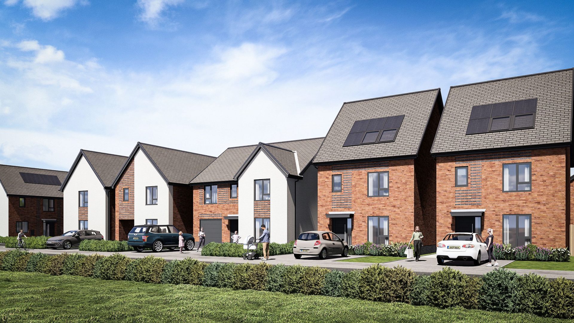 CGI image of a row of new houses with a grassed area in front