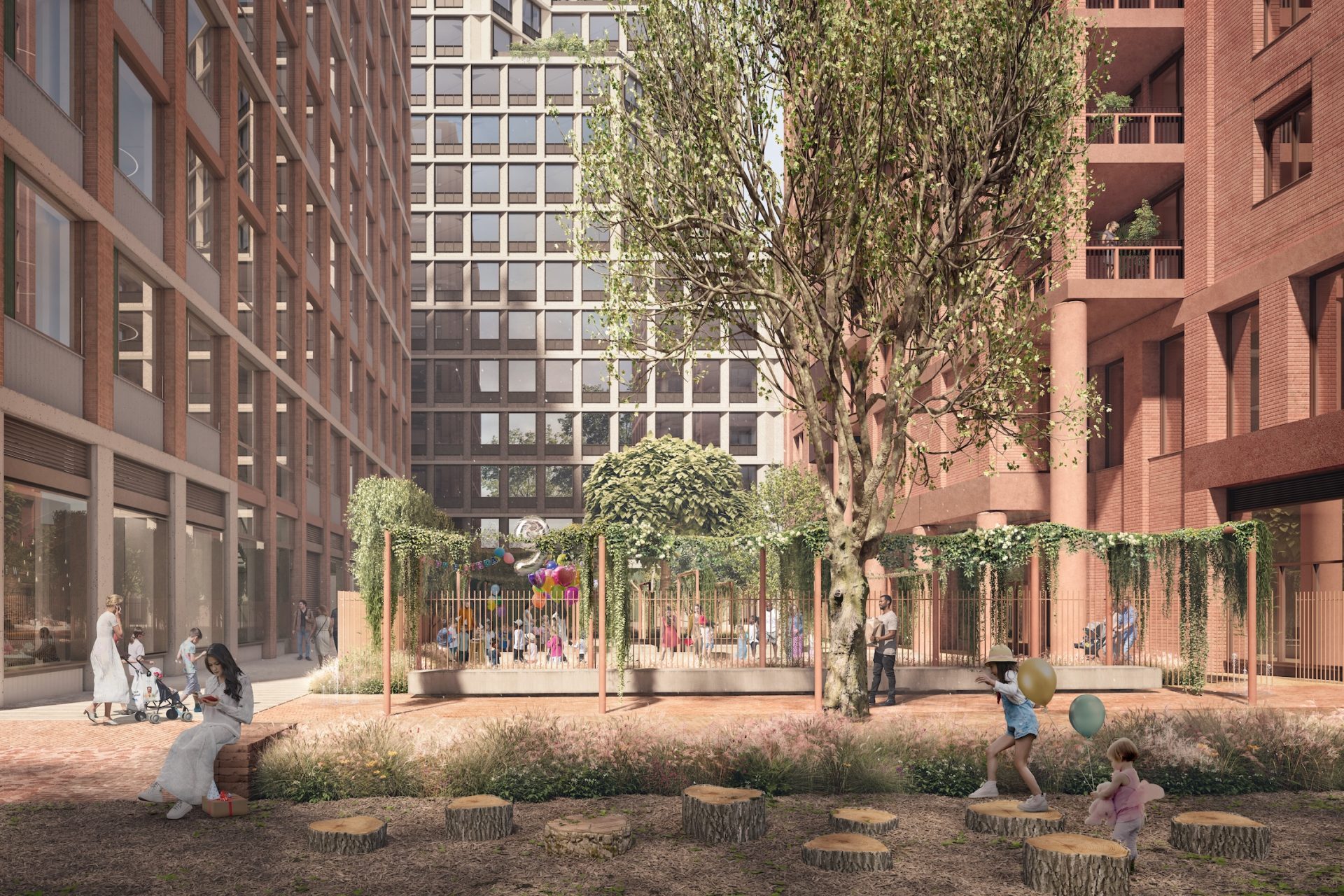 CGI image of tall buildings with a planted courtyard area in the middle