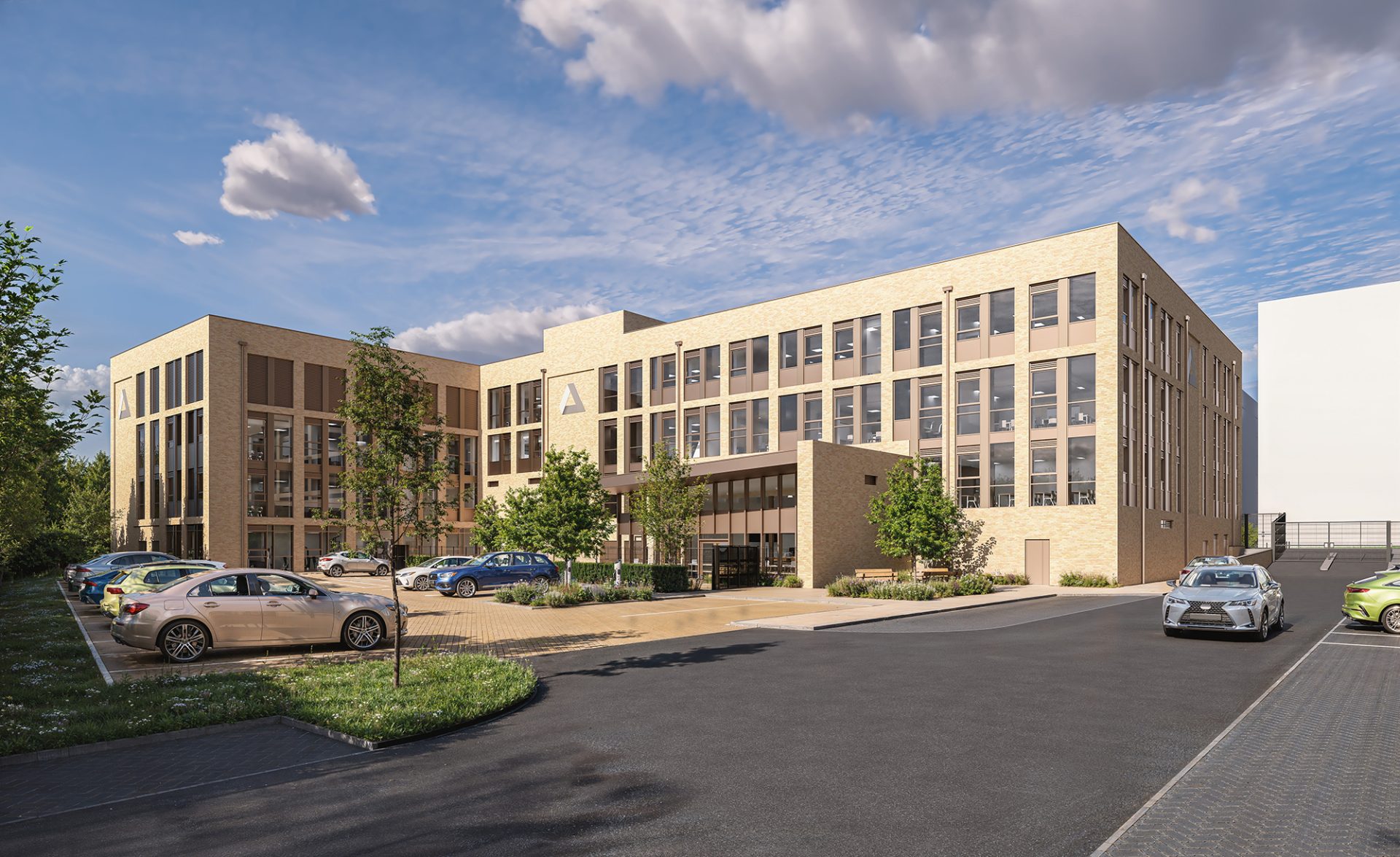 CGI image of a brick building with cars parked in front