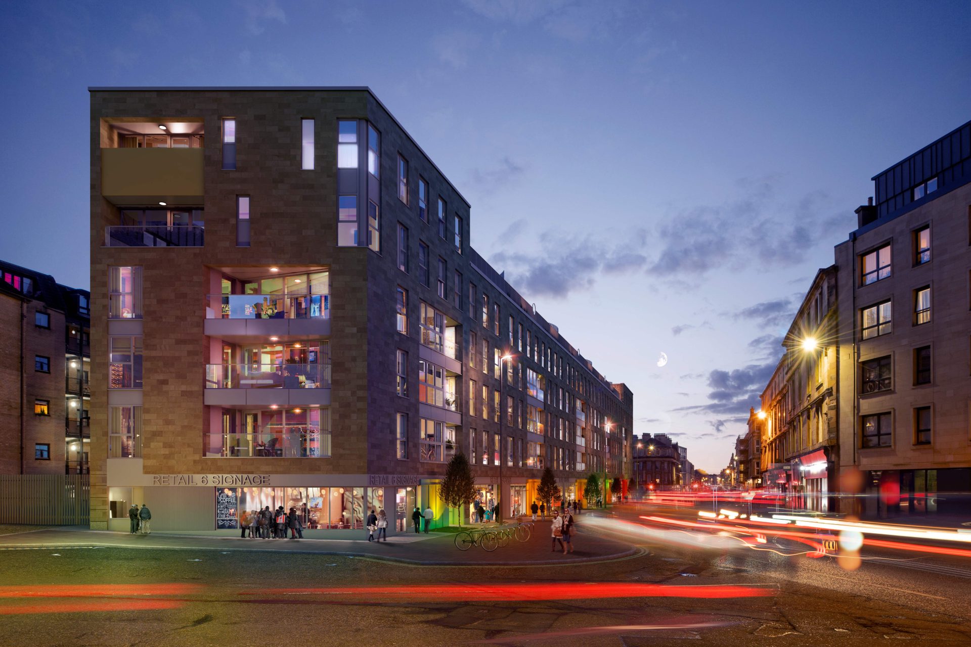 CGI image of a series of buildings at dusk with car light trails on the road in front