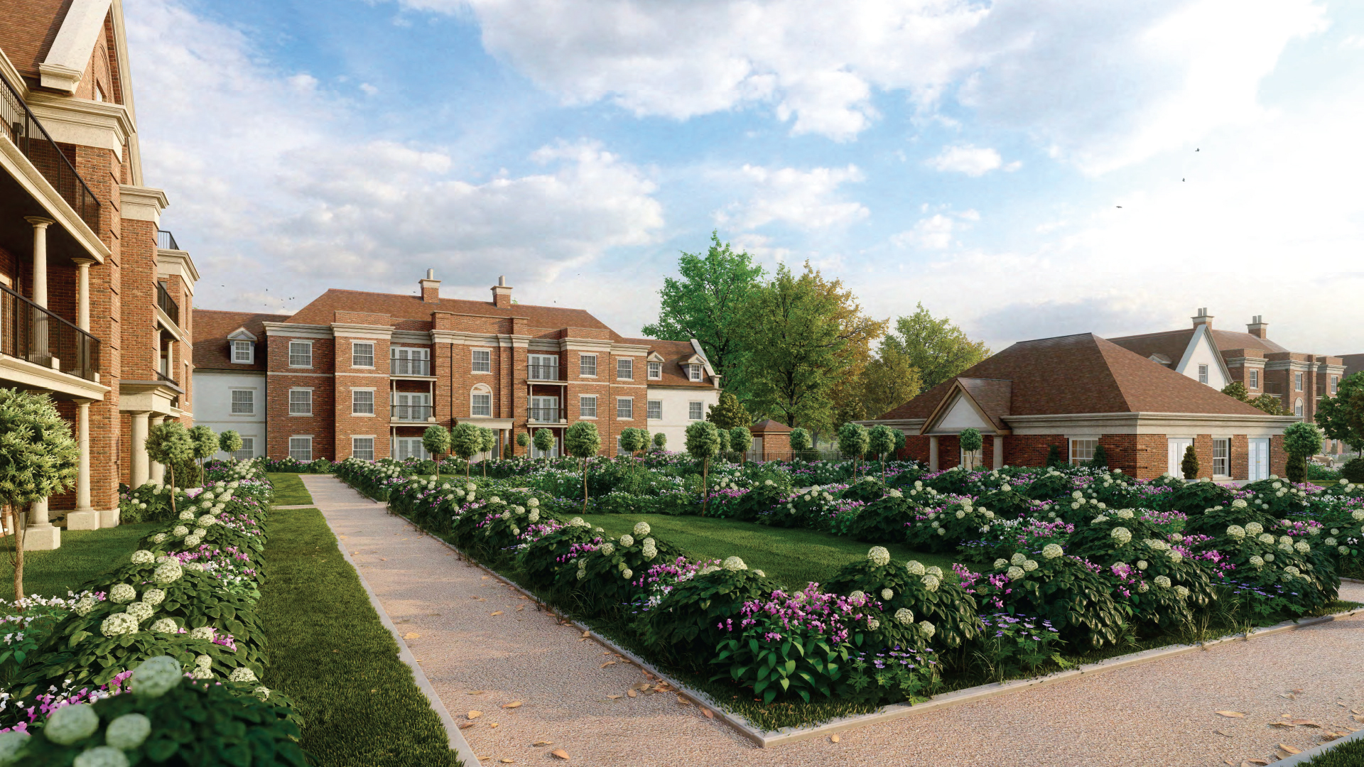 Architectural visualisation of a landscaped residential development with brick homes and communal gardens