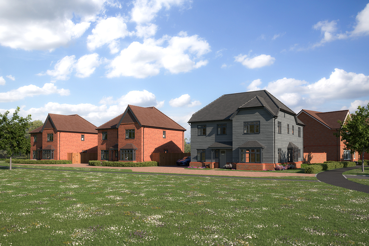 Artist’s impression of new homes at Oakridge Grange, with brick and timber-clad houses around a green space.