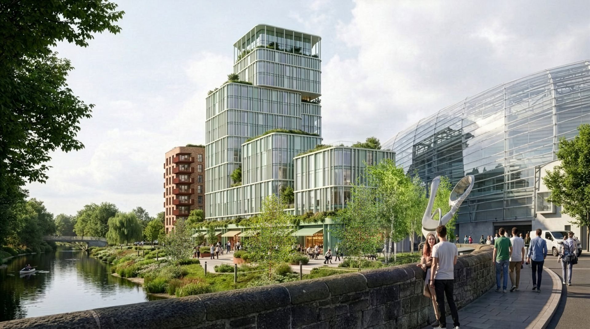 Architectural rendering of a mixed-use riverside development with glass towers, landscaped public space and pedestrians