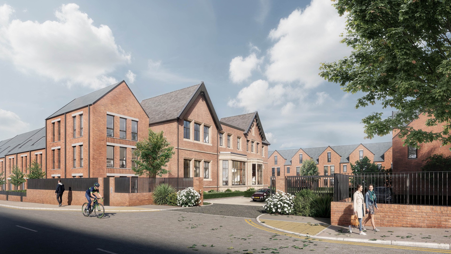 Architectural rendering of Oakley Gardens, showing brick homes, landscaped paths, trees and people on the street.