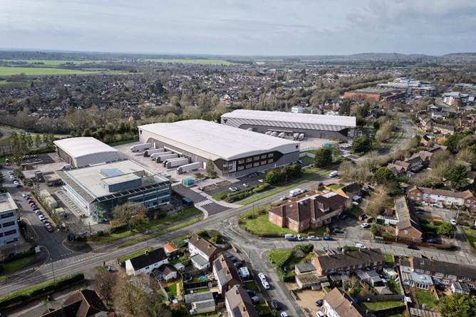 Aerial view of the Norreys Drive industrial site and surrounding residential area in Maidenhead