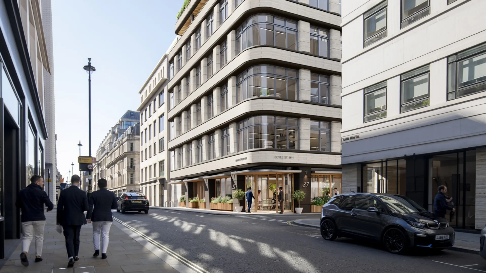 Architectural rendering of a modern office building on Savile Row, with pedestrians and cars on the street.
