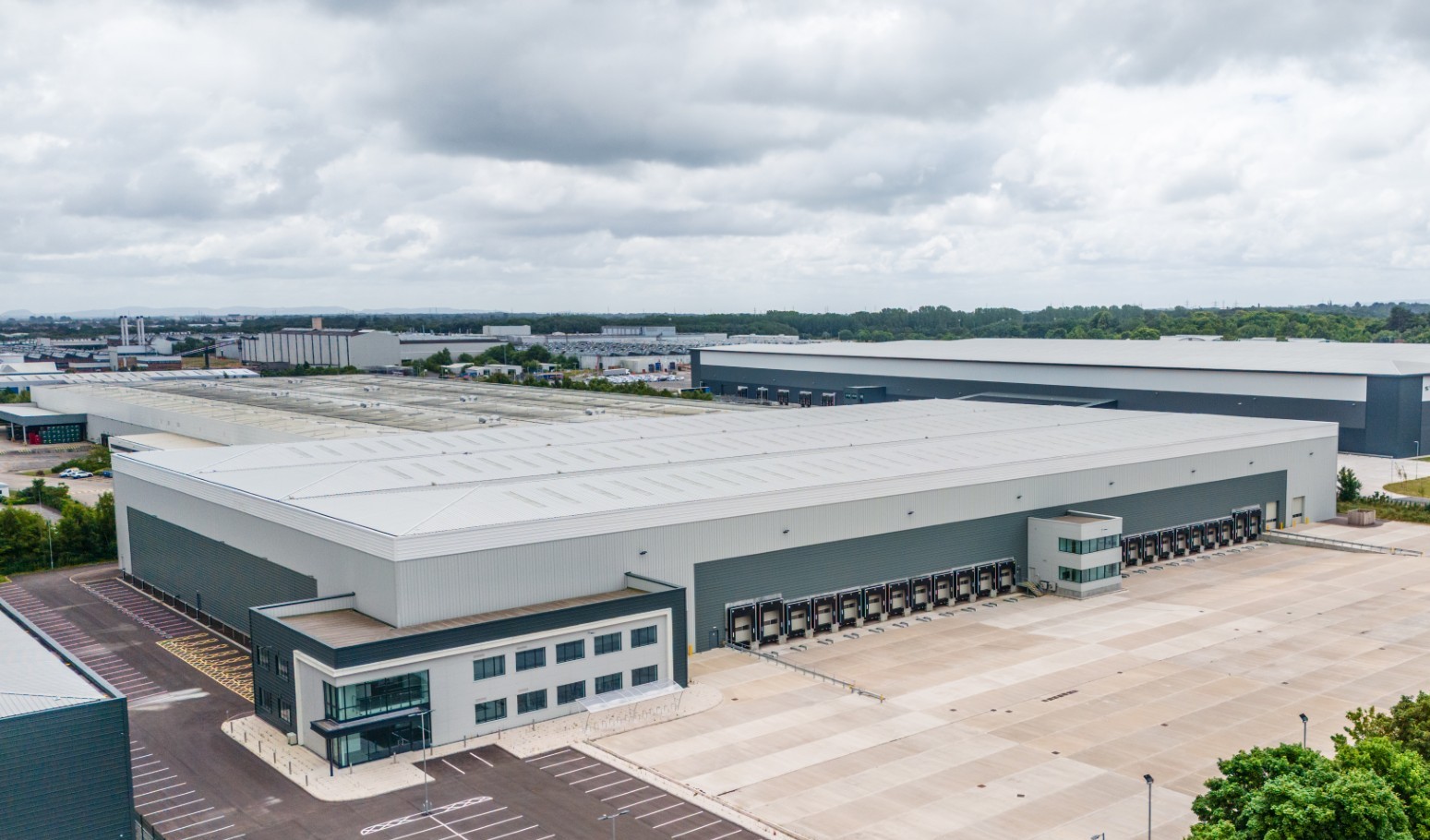 Aerial view of Aviator 200, a large industrial warehouse at Aviator Park in Ellesmere Port