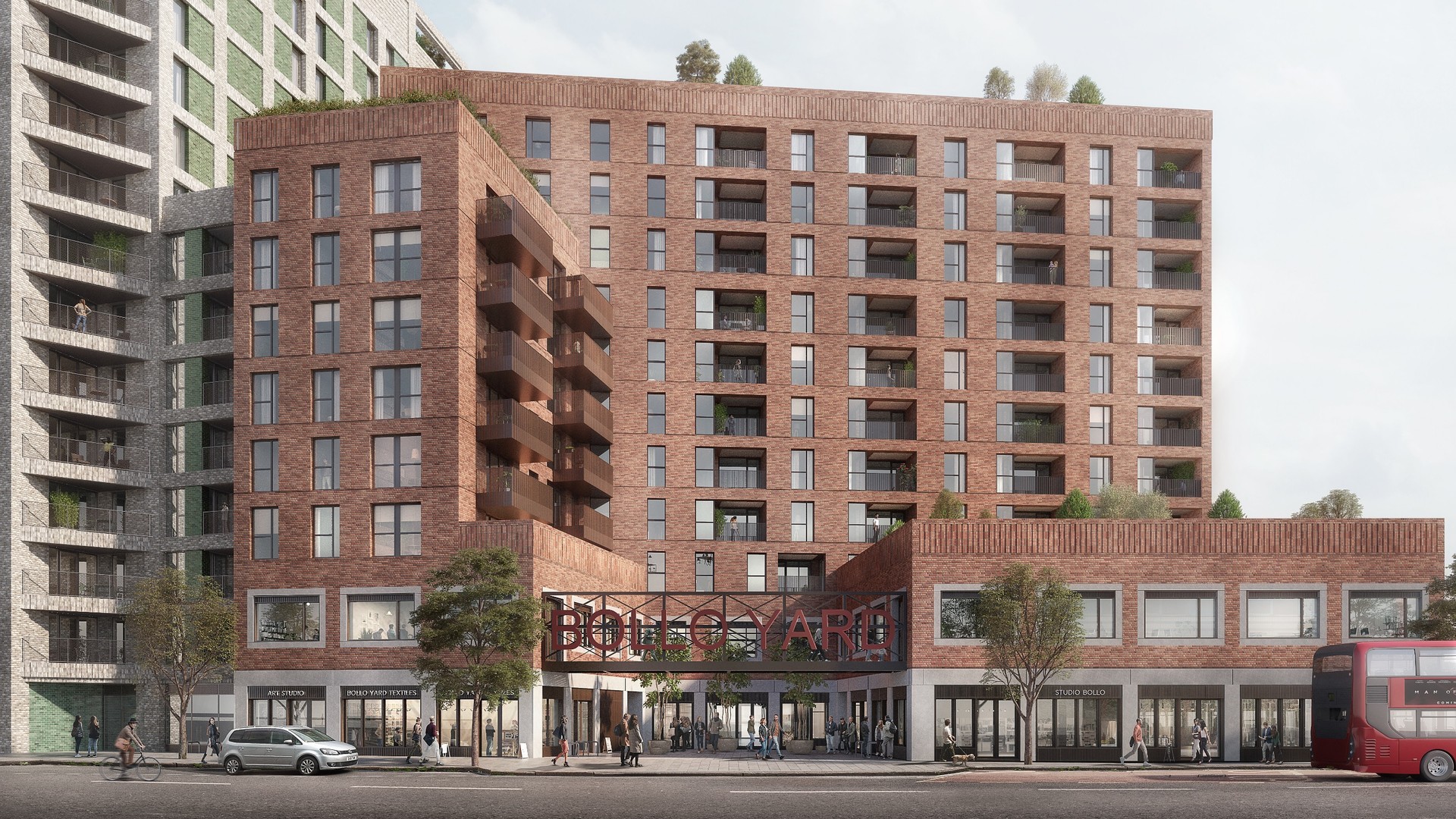 Architectural rendering of the Bollo Lane mixed-use development, with student housing, social homes and ground-floor shops