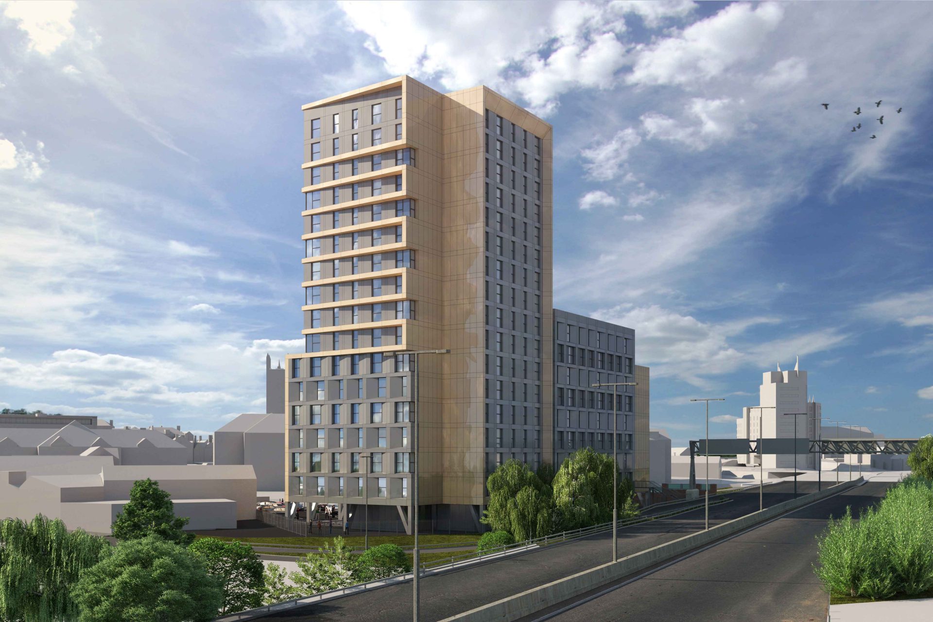 Architectural rendering of a proposed high-rise development beside an urban road