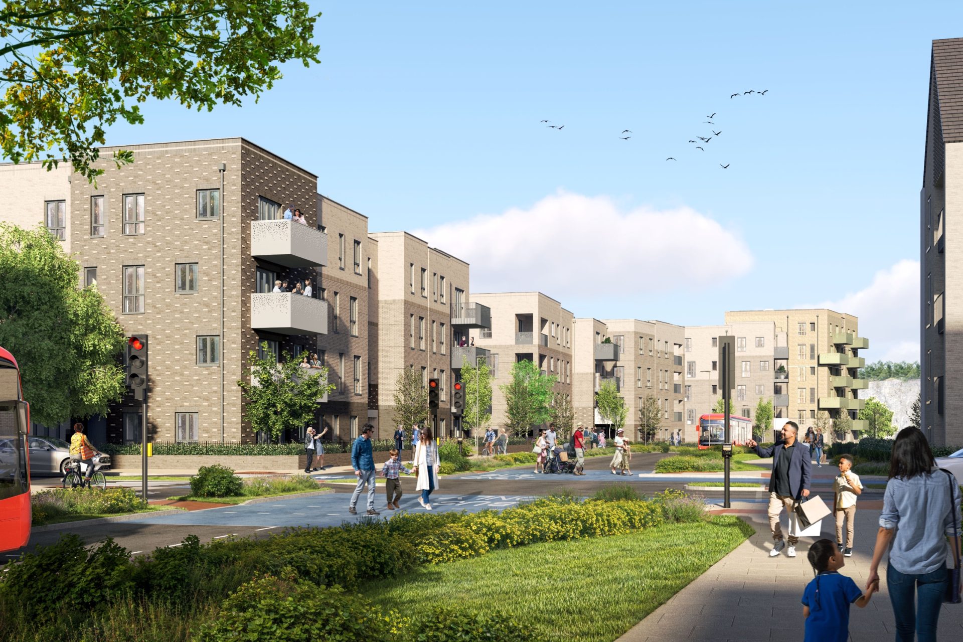 Artist’s rendering of Ashmere development, showing apartment blocks, pedestrians, landscaped paths and a bus.