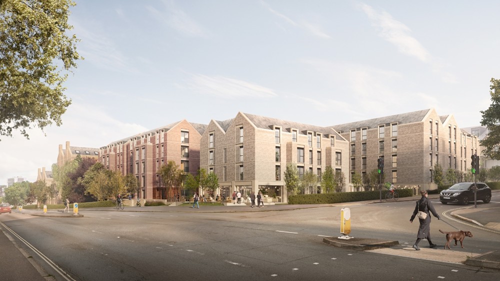 Architectural rendering of the proposed St Luke’s Court & Quad development, with a pedestrian walking a dog.