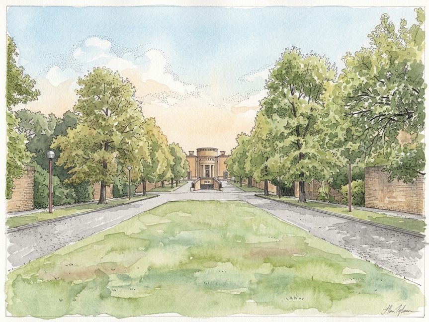 Watercolour illustration of a tree-lined avenue leading to Legal & General’s former headquarters in Kingswood.