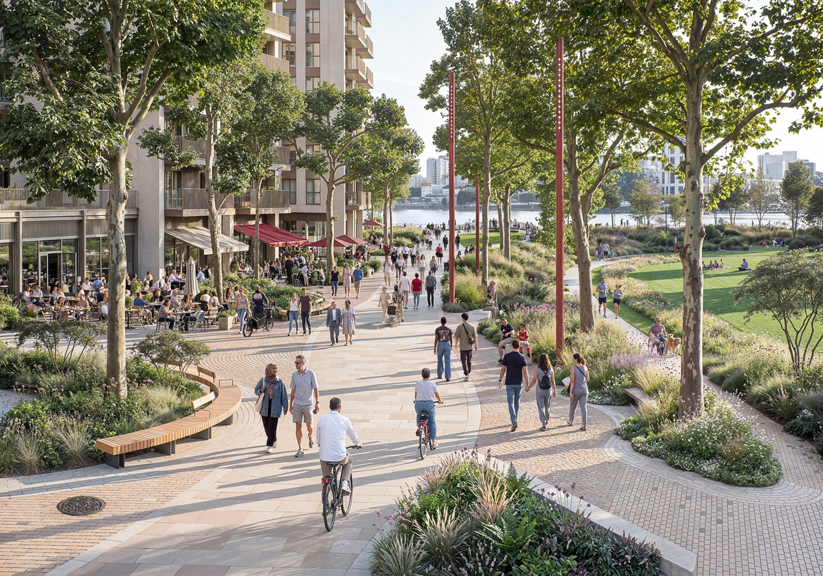 Architectural rendering of a landscaped Thameside West riverside plaza, with people walking among trees and new buildings.