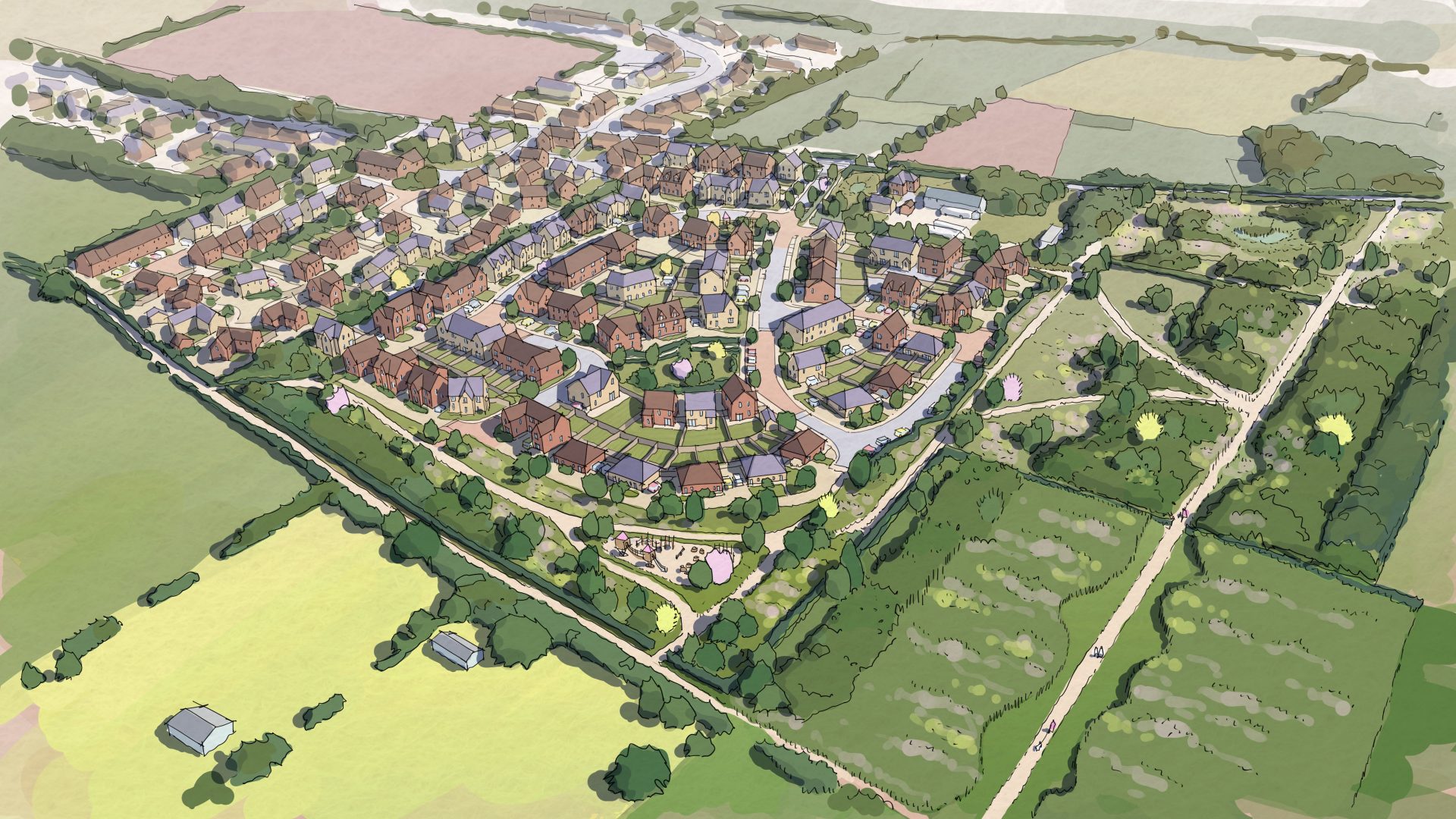 Illustrated masterplan showing a new housing development surrounded by farmland and green space