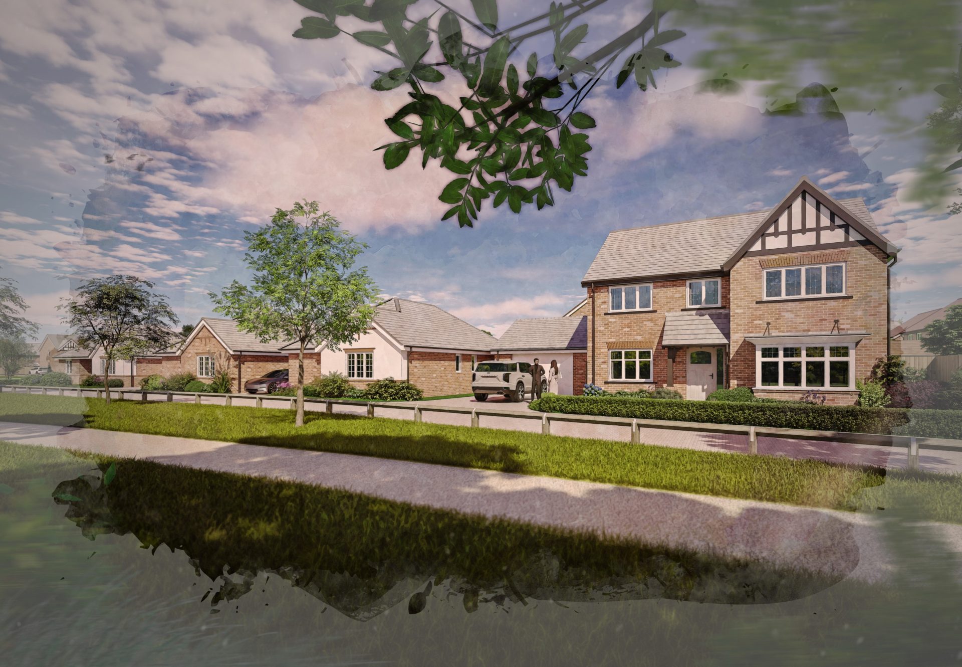 Architectural rendering of new brick homes beside a landscaped waterway