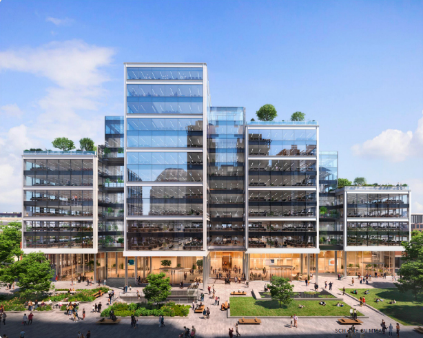 Architectural rendering of One Spitalfields, a modern glass office development with landscaped public space in front.