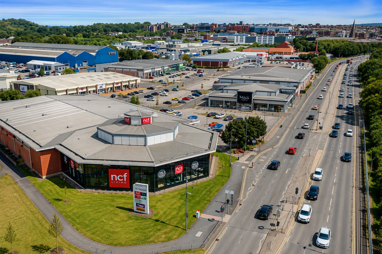 Aerial view of Octagon Retail Park in Stoke-on-Trent, with retail stores, car parks and surrounding roads