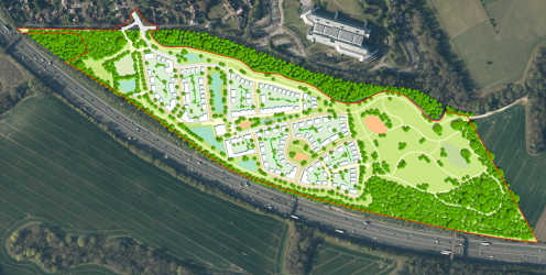 Aerial masterplan showing a proposed housing development with landscaped open space beside a major road