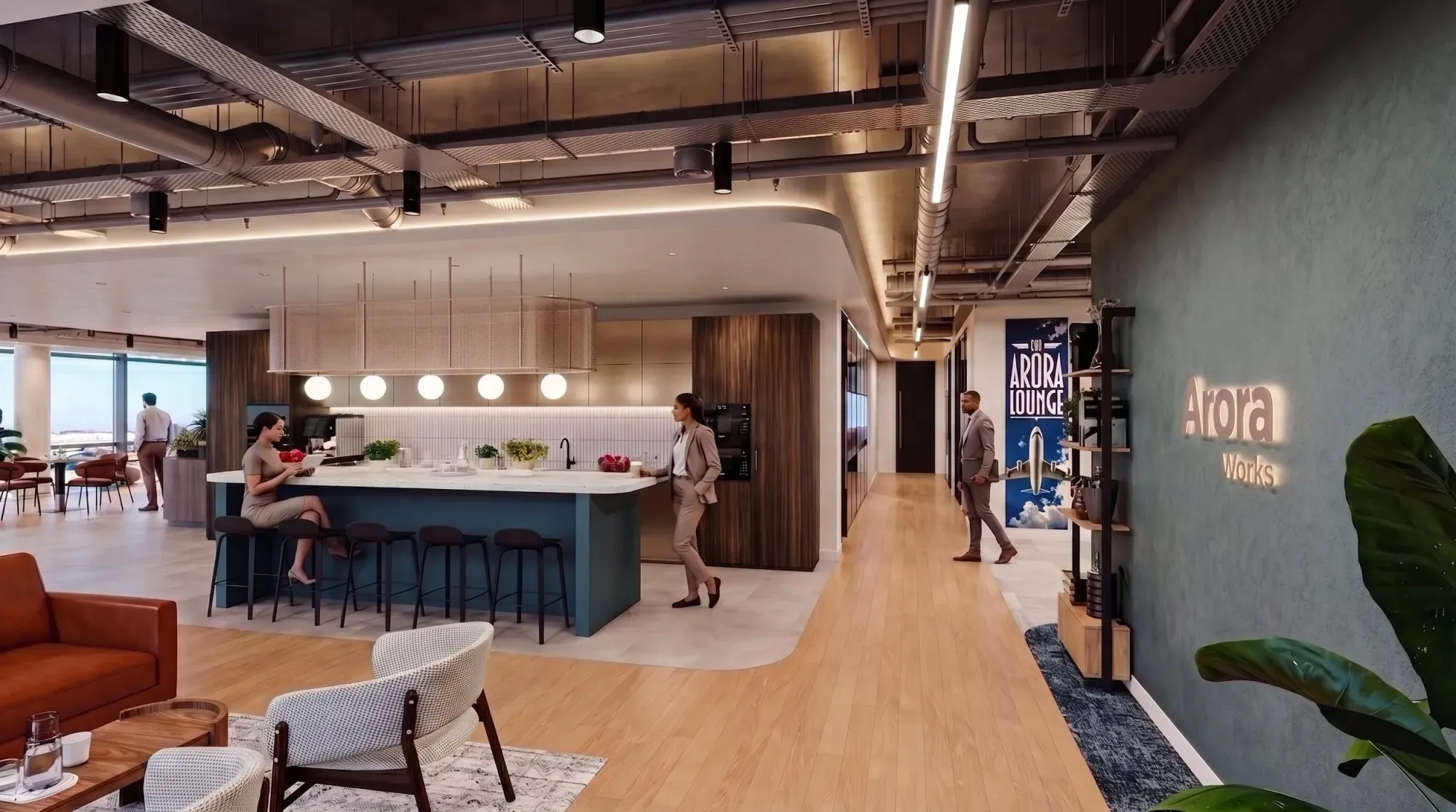 Arora Works flexible workspace interior with people in a communal kitchen and lounge area.