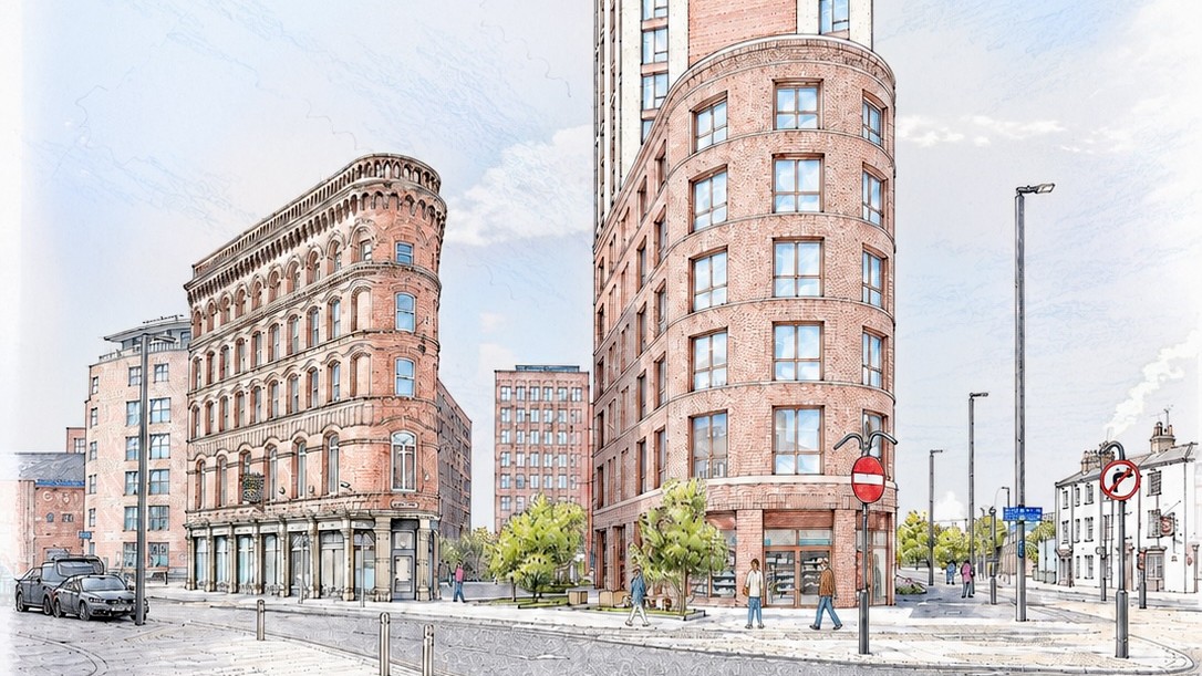 Architectural rendering of Glenbrook’s proposed 24-storey tower and curved lower building at Meadow Lane, Leeds