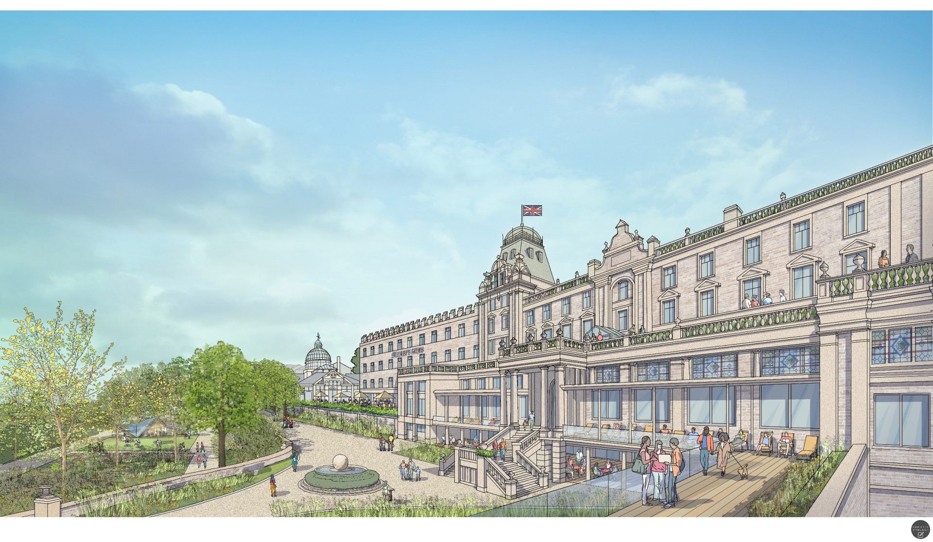 Architectural rendering of a grand historic-style building with landscaped terraces and public spaces