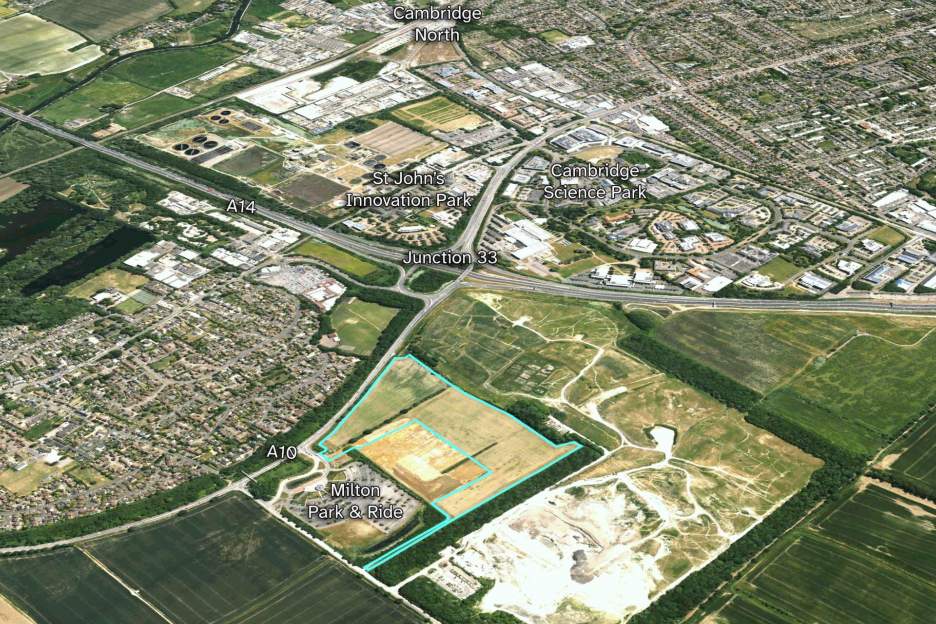 Aerial view of the proposed Milton Park employment site beside the Milton Park & Ride, north of Cambridge