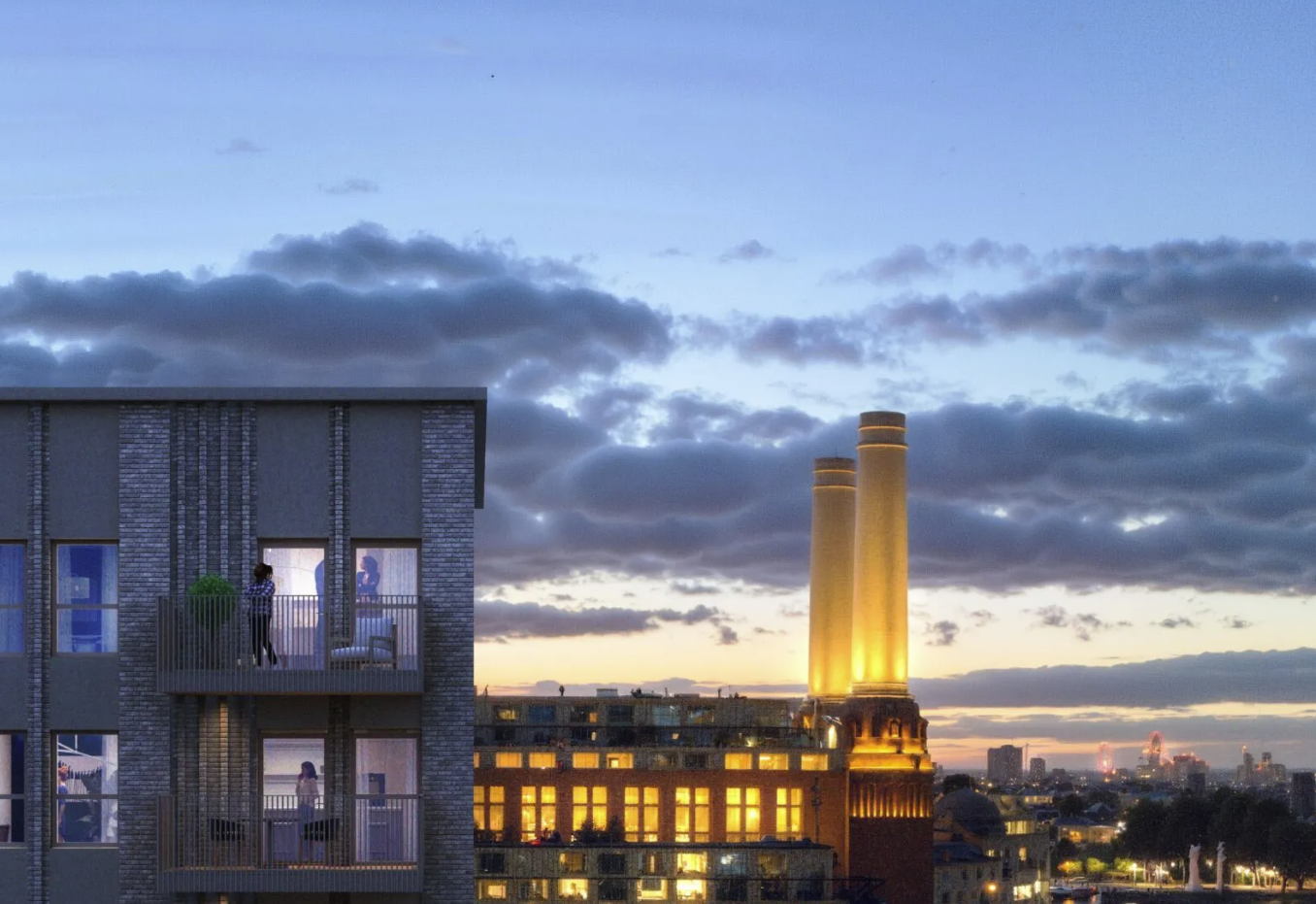 CGI image of the Battersea Power Station towers at night with a large residential building to the left
