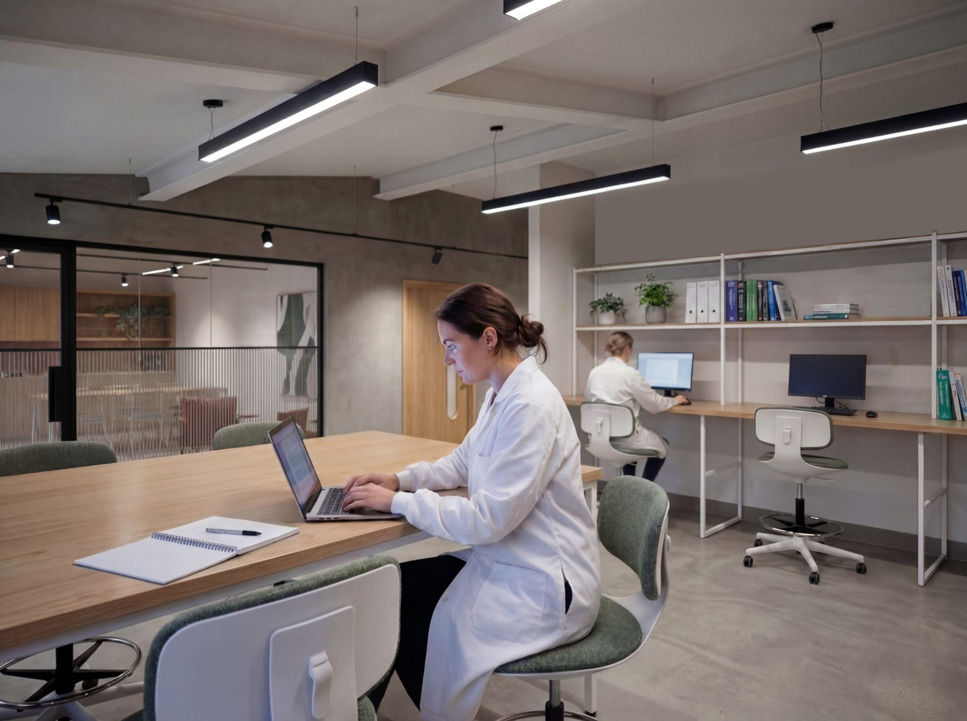 Researcher in a lab coat works at a laptop in a modern science park workspace