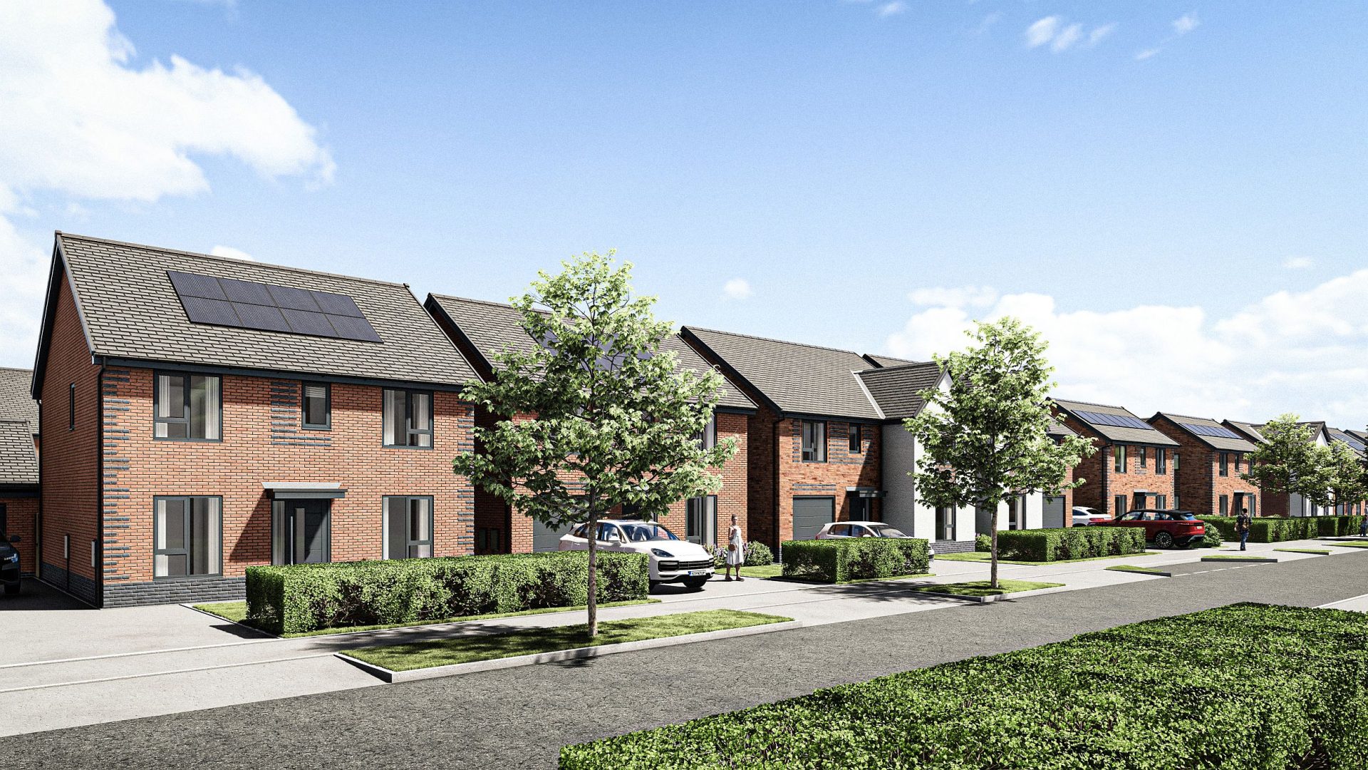 Architectural rendering of modern two-storey homes with driveways, front gardens and a street.