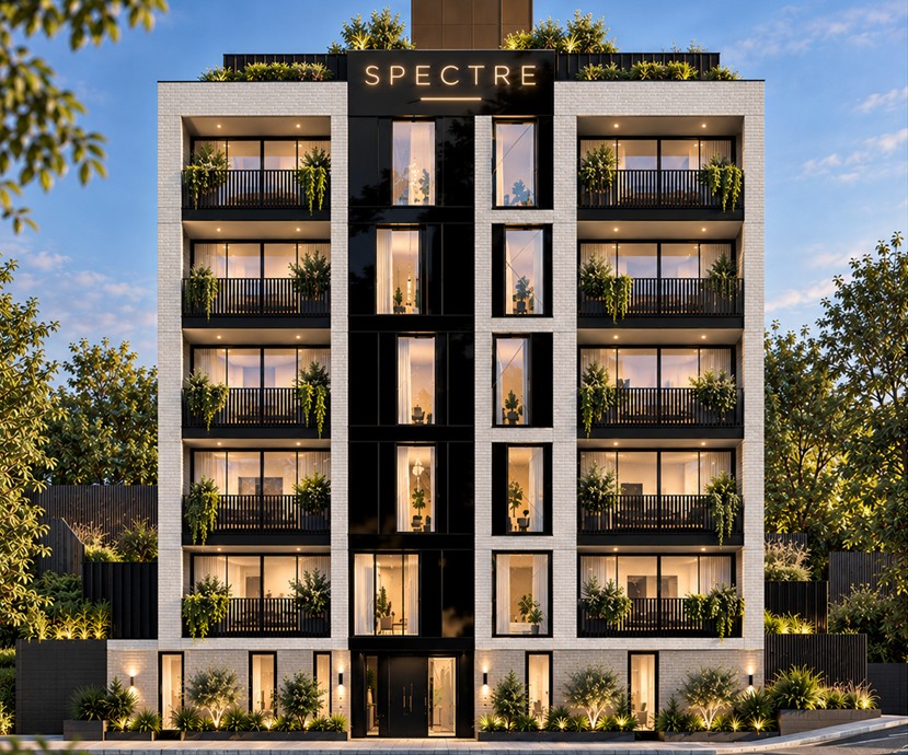 Architectural rendering of a modern apartment block with balconies, landscaped grounds and “SPECTRE” signage.