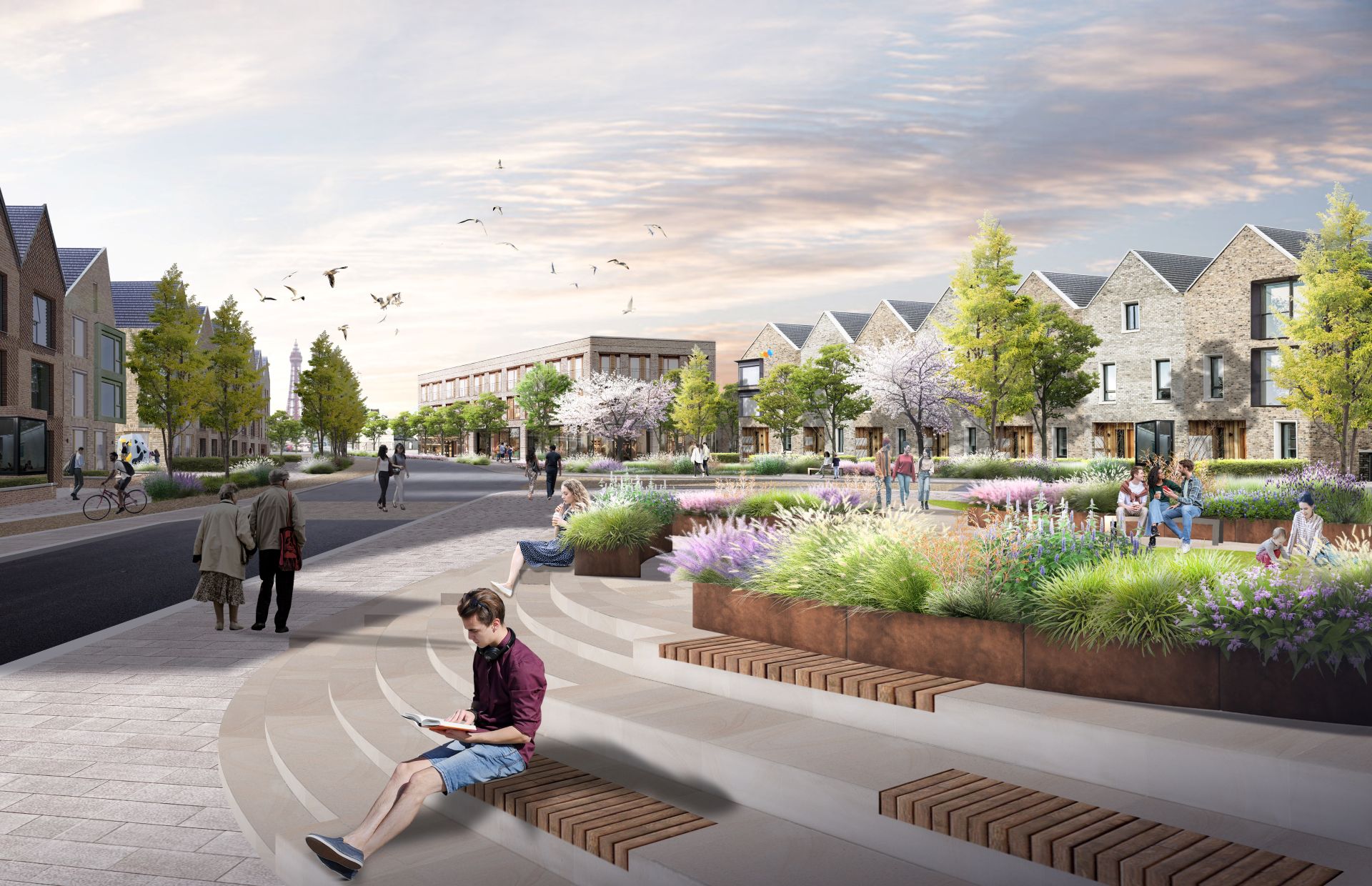 Architectural rendering of a pedestrian-friendly urban development with housing, shops, landscaping and public seating