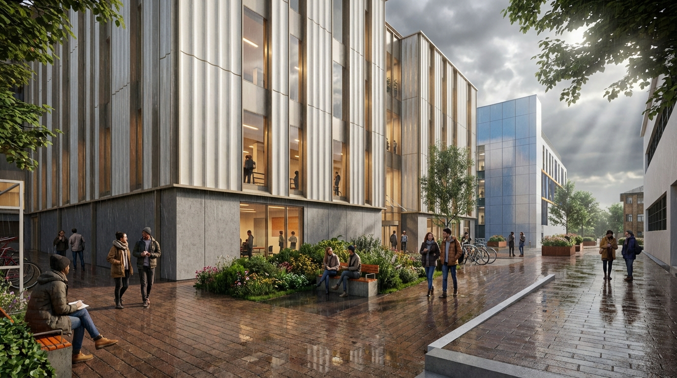 Architectural rendering of people gathering in a landscaped courtyard between modern office buildings