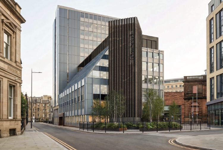 Architectural rendering of The Aspect Building, showing its modern office façade, landscaped courtyard and rooftop terrace.