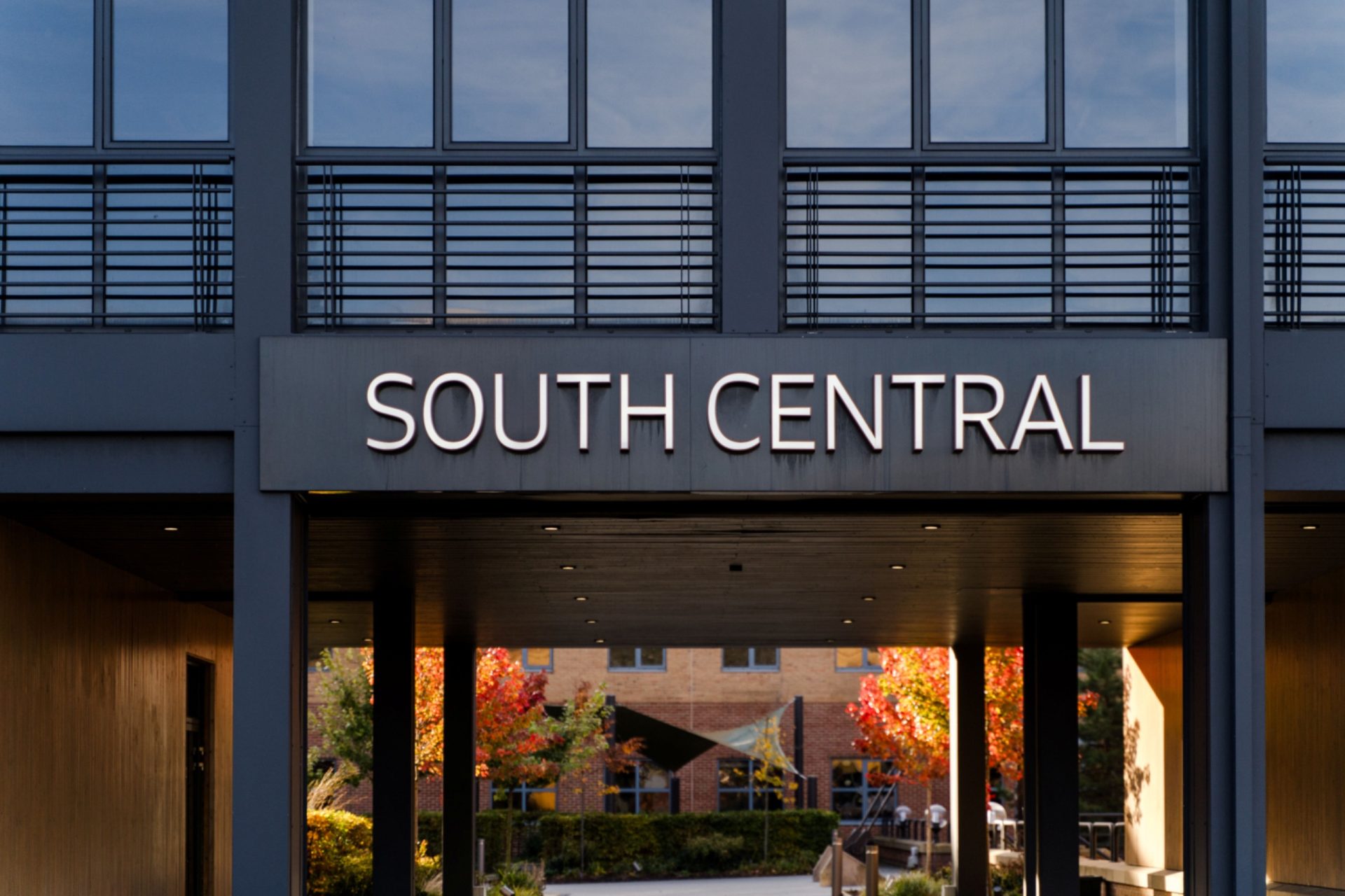 South Central office building entrance in Leeds, with its name displayed above the glass doors.