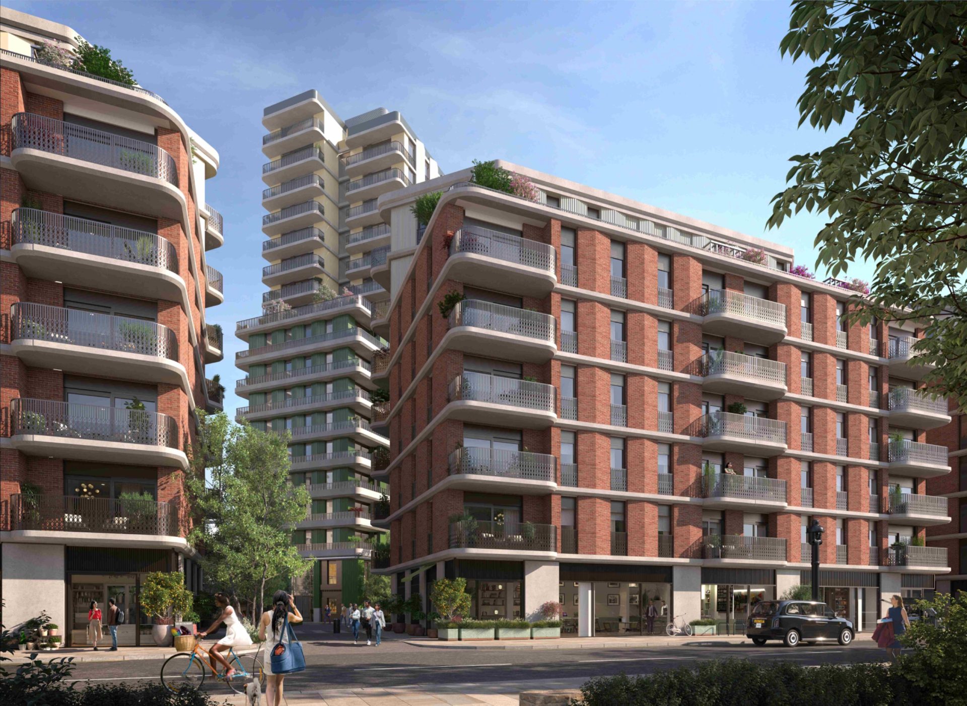 Architectural rendering of red-brick apartment buildings at the Ebury Bridge Estate, with pedestrians and cars on the street.