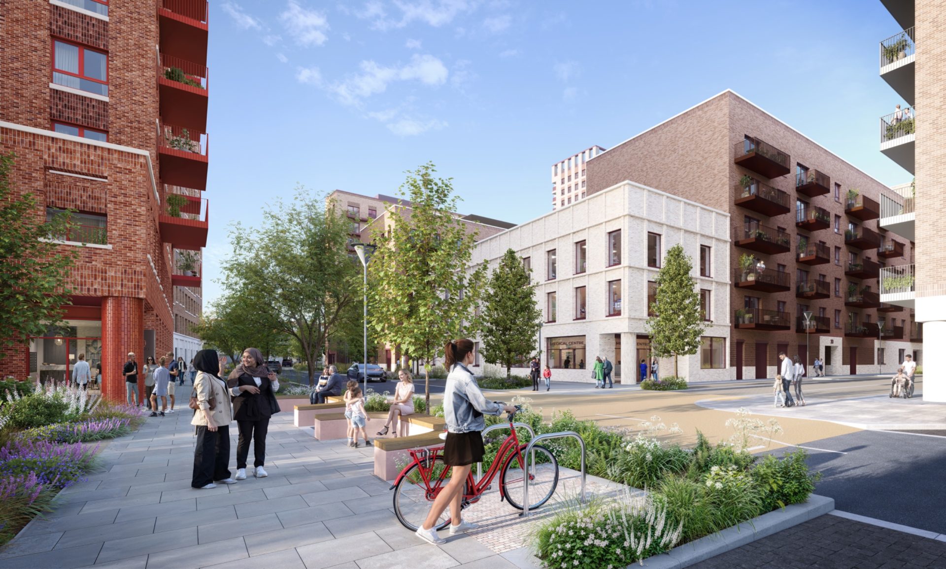 Architectural rendering of new buildings at Pudding Mill Lane, with pedestrians and a cyclist in the foreground.