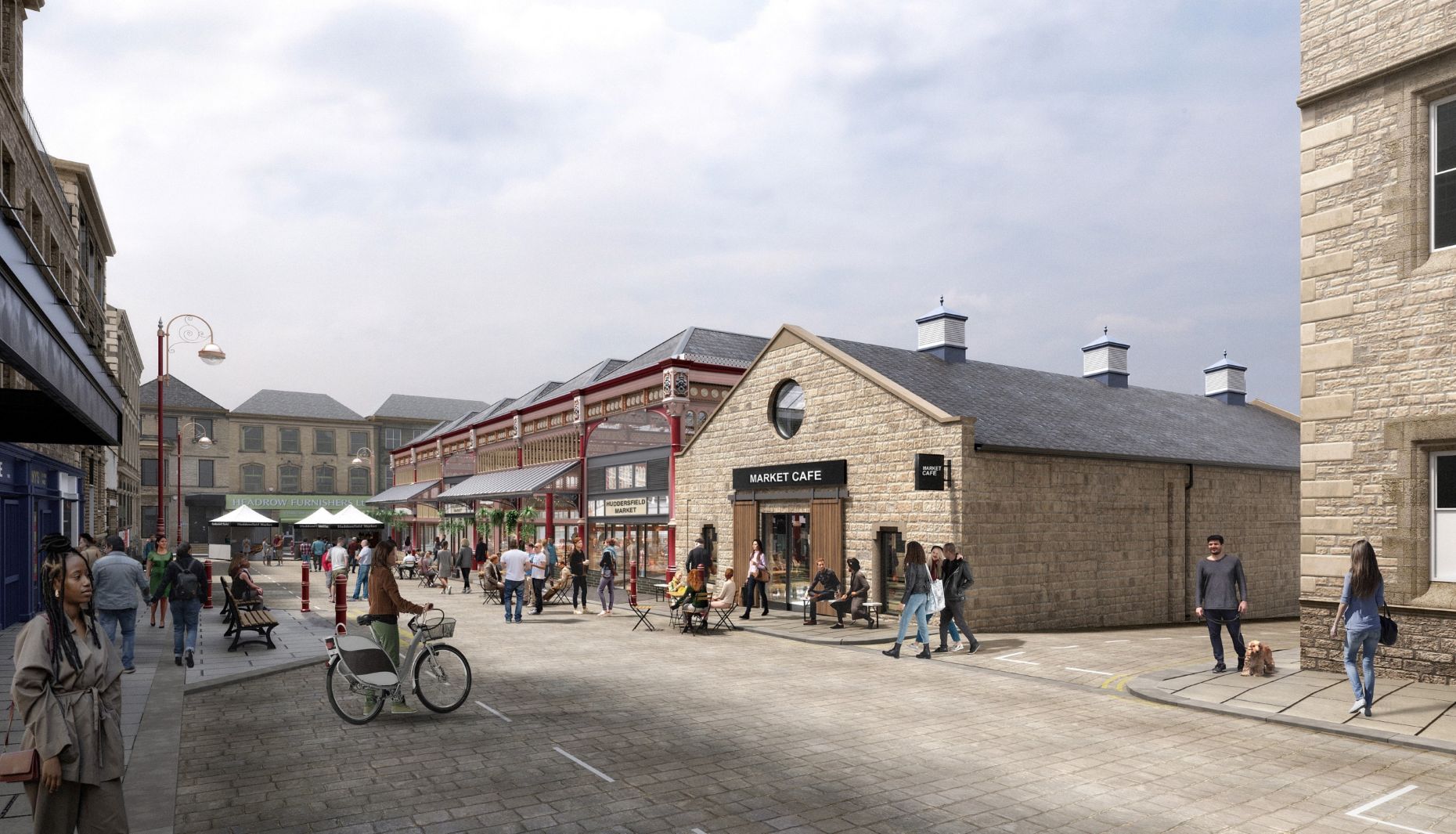 Architectural rendering of Huddersfield Market’s refurbished entrance, with a café sign and people outside.