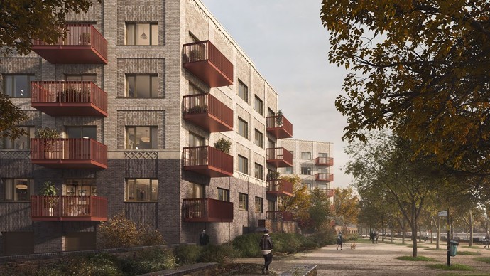 Rendering of modern apartment blocks and family homes at Rotherhithe Reach, among trees and landscaped public space.